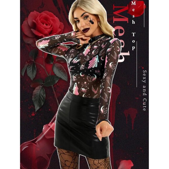 Women Black Specter Long Sleeve Mock Neck Fitted Sexy See Through Mesh Tops - Picture 6 of 7